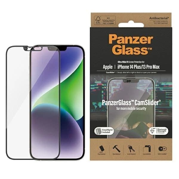 PanzerGlass Ultra-Wide Fit Antibakterielt herdet glass med kameradeksel og stativ for iPhone 14 Plus / 13 Pro Max