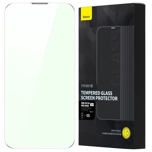 Baseus herdet glass i full skjerm for iPhone 14 Pro med antiblått lysfilter og 0,3 mm høyttalerdeksel + monteringsramme