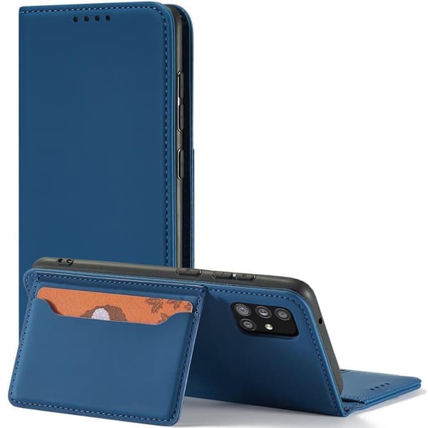Magnetisk kortdeksel for Samsung Galaxy A12 5G kort lommebokbeskytter? blå stativ