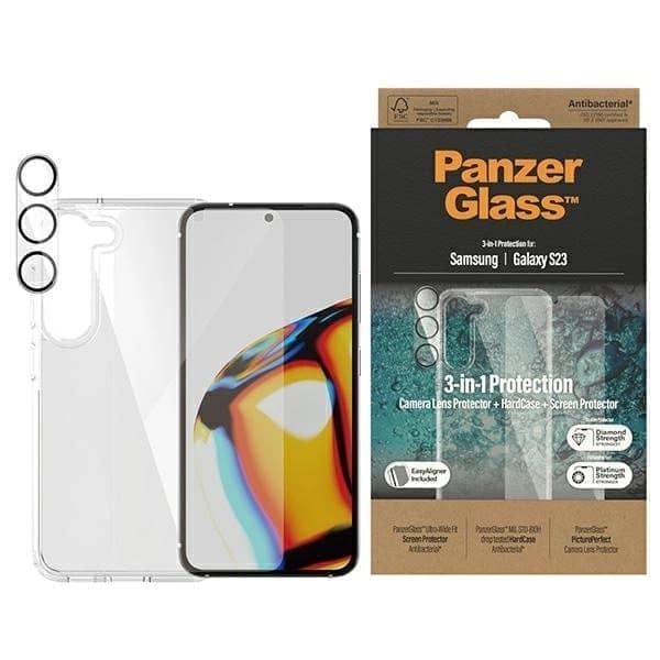 PanzerGlass Bundle 3-i-1 gjennomsiktig deksel + film + kamerabeskytter til Samsung Galaxy S23