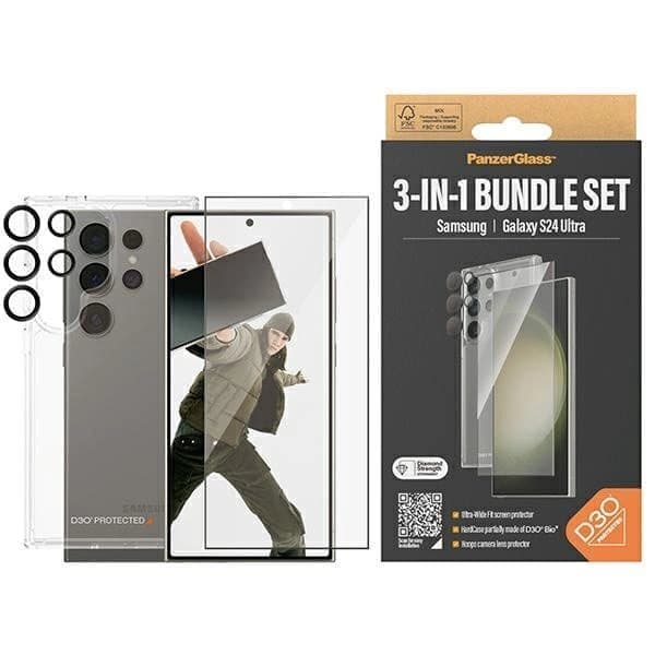 PanzerGlass Bundle 3-i-1 gjennomsiktig deksel + film + kamerabeskytter til Samsung Galaxy S24 Ultra