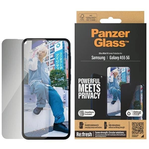 PanzerGlass Ultra-Wide Fit Privacy Herdet glass med stativ for Samsung Galaxy A55 5G