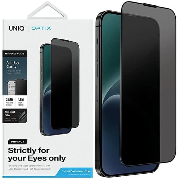 UNIQ Optix Privacy herdet glass for iPhone 15 Pro med applikator