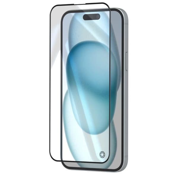 Härdat glas - FORCE GLASS - iPhone 15 - Resistant 9H+ - 2.5D fasad skydd - Svart
