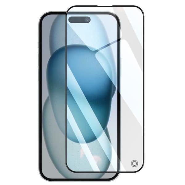 Härdat glas - FORCE GLASS - iPhone 15 - Resistant 9H+ - 2.5D fasad skydd - Svart