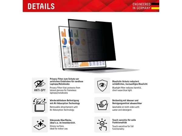 Displex PRIVACY SAFE removable 2-way privacy filter for Laptop/ Notebook (randlos/frameless) 16'''' (16:10), 40.6 cm (16"), 16:10, Laptop, Frameless