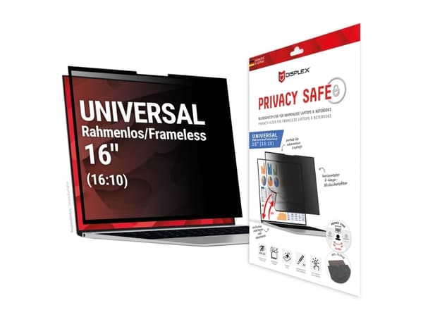 Displex PRIVACY SAFE removable 2-way privacy filter for Laptop/ Notebook (randlos/frameless) 16'''' (16:10), 40.6 cm (16"), 16:10, Laptop, Frameless