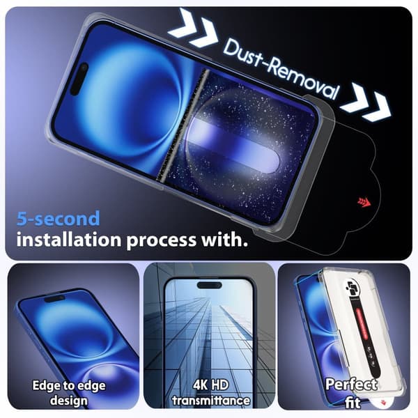 2-Pack iPhone 16 Plus Skärmskydd & 2-Pack linsskydd - Härdat Glas | 6,7 tum [Automatisk Installation] - Bubbelfritt och Dammfritt