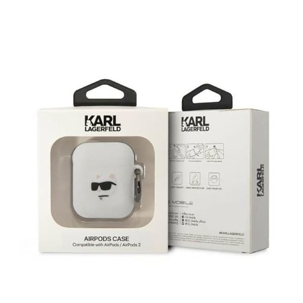 Silikonskal - Karl Lagerfeld - Choupette 3D - AirPods 1/2 gen - Vit - Avtagbar klämma