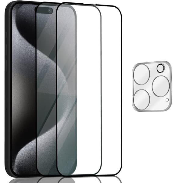 2-Pack Iphone 15 Pro Max Skärmskydd & 1-Pack linsskydd - Härdat Glas 9H - Super kvalitet 3D