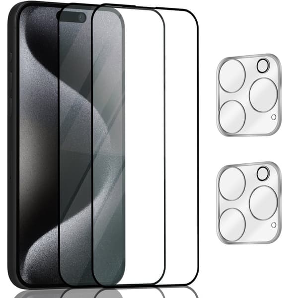 2-Pack Iphone 15 Pro Max Skærmbeskyttelse & 2-Pack linsebeskyttelse - Hærdet Glas 9H - Super kvalitet 3D