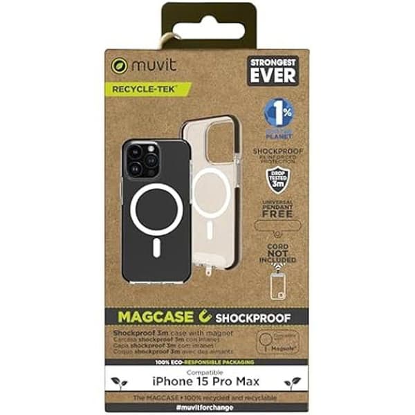 Hölster - MUVIT - iPhone 15 Pro Max - Stötresistent - Transparent/Svart - MagSafe
