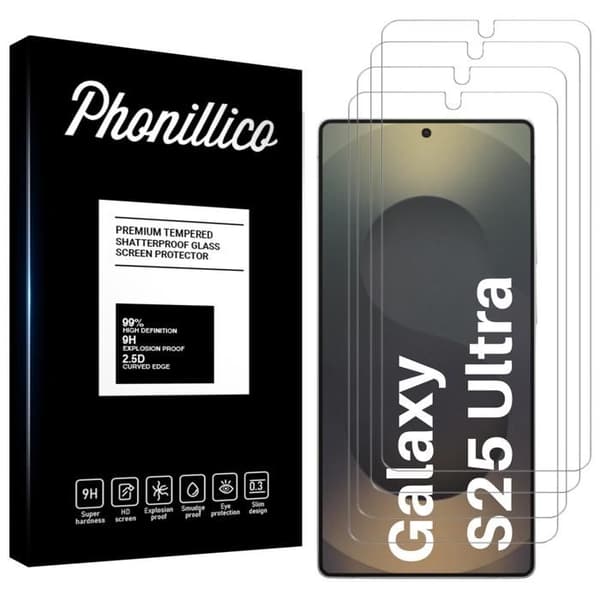 Härdat glas - Phonillico - Samsung Galaxy S25 ULTRA - Pack om 4 - Repellerande mot repor - Skärmskydd