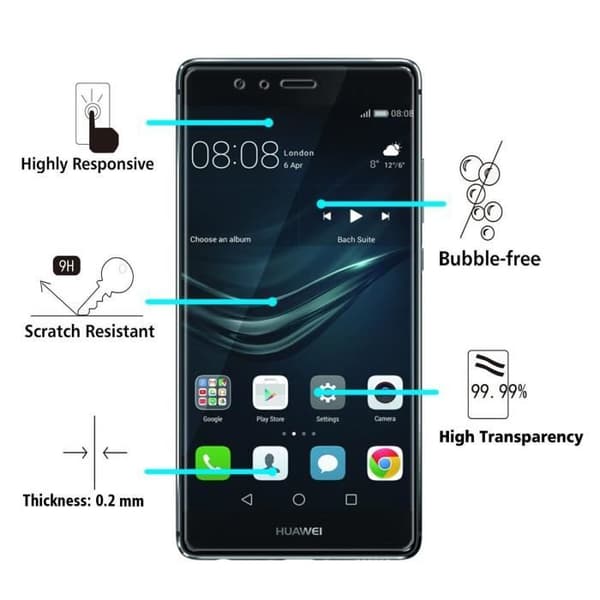 Skärmskyddsfilm - Phonillico® - Huawei P9 - Paket med 2 - Härdat glas - Rep-resistant