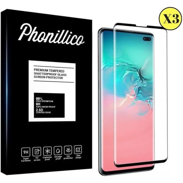 Härdat Glas för Samsung Galaxy S10 PLUS [Paket 3] Transparent Heltäckande Film Svart Kant Skärm Skydd Phonillico®