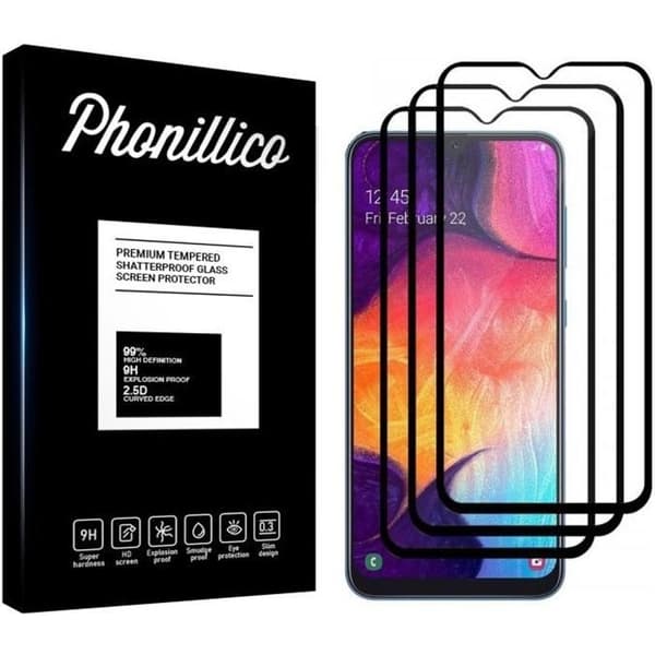 Härdat Glas - Phonillico® - Samsung Galaxy A50 - Pack om 3 - Transparent - Svart Kant - Repellentskyddad