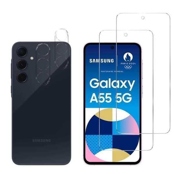 Härdat glas för Samsung Galaxy A55 5G och kameraskydd [Pack 2] Folie skydd Phonillico®