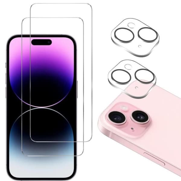 Härdat glas för iPhone 15 PLUS och kameraskydd [Paket 2] Skyddsglas Phonillico®