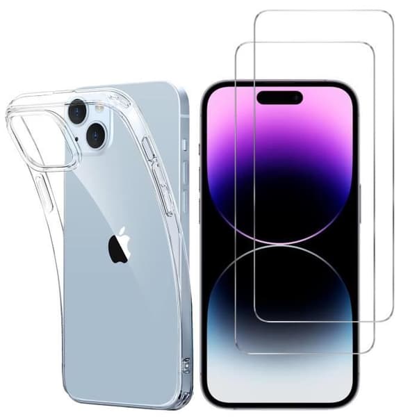 Transparent skal för iPhone 15 och 2 stycken härdat glas skydd för skärm Phonillico®