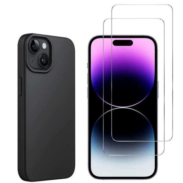 Svart skal för iPhone 15 och 2 stycken härdat glas skärmskydd Phonillico®