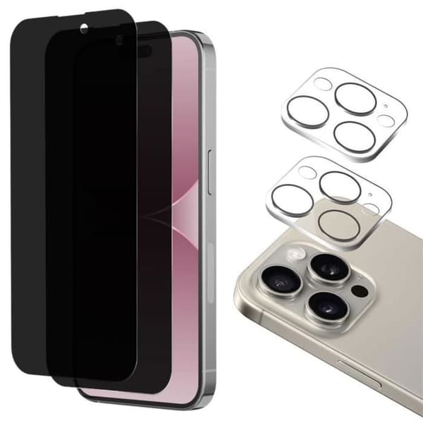 Härdat glas Anti Spy för iPhone 15 PRO MAX och kameraskydd [Pack 2] Skärmskydd Phonillico®
