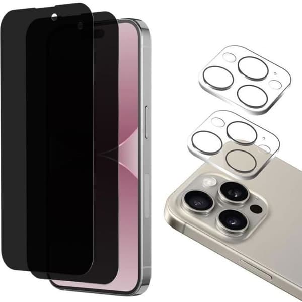 Filmen Tempererat Glas Anti-Spion för iPhone 15 PRO och Kameraskydd [Pack 2] Skyddsglas Phonillico®