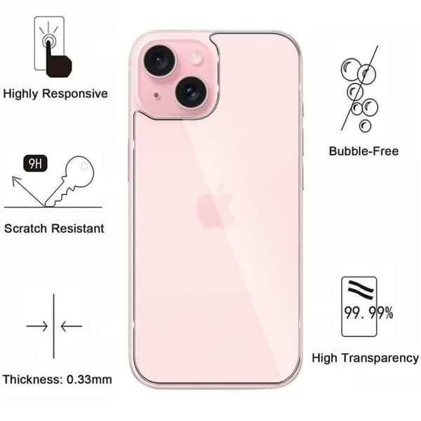 Härdat glas - Phonillico® - iPhone 15 - Paket med 2 - Repåterande - Bakskydd