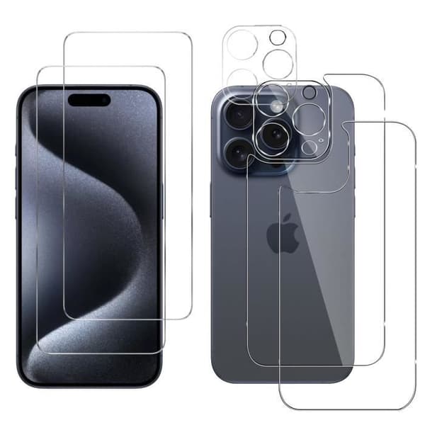 Härdat glas skärm och baksida för iPhone 15 PRO och kameraskydd [Pack 2] Film glas skydd Phonillico®