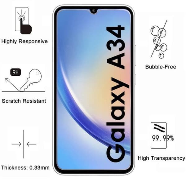 Härdat glas för Samsung Galaxy A34 5G och kameraskydd [Pack 2] skyddsfilm Phonillico®