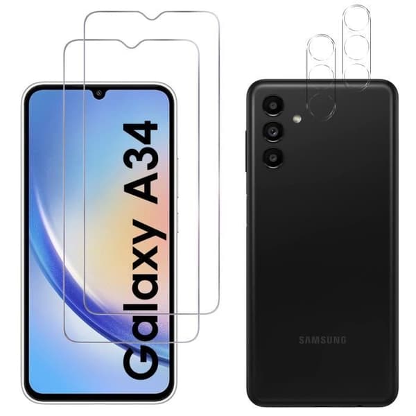 Härdat glas för Samsung Galaxy A34 5G och kameraskydd [Pack 2] skyddsfilm Phonillico®