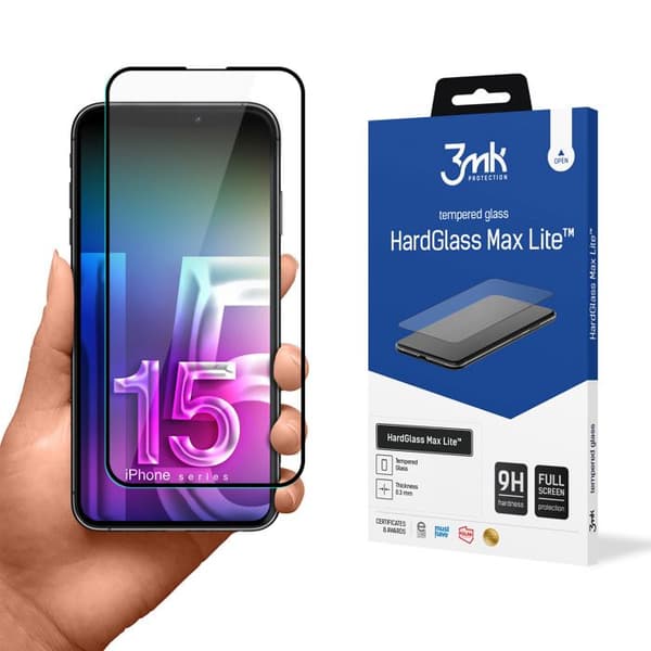 Skyddsglas - 3mk - HardGlass Max Lite - iPhone 15 - Svart - 0,3 mm - Repfria
