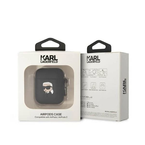 Silicone fodral - Karl Lagerfeld - NFT Karl Head 3D - AirPods 1/2 gen - Svart - Avtagbar klämma