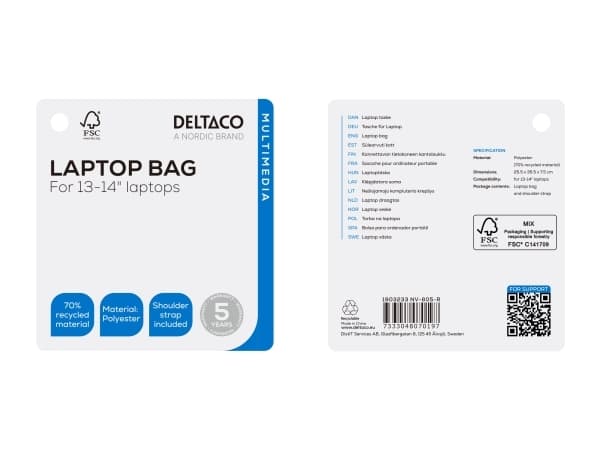 Deltaco 13-14" Laptopväska av återvunnen polyester, svart, Portfölj, 35,6 cm (14"), Axelrem, 440 g