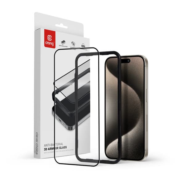 CrongAnti-Bacterial3DArmorGlass-9HkokonäytönkarkaistulasiiPhone15Prolle+asennuskehys