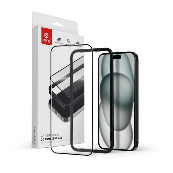 Crong Anti-Bacterial 3D Armor Glass - 9H fuldskærms hærdet glas til iPhone 15 skærm + installationsramme
