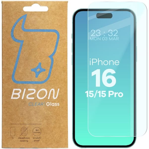 Bizon Glass Clear 2 härdat glas för iPhone 15 / 15 Pro / 16