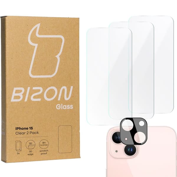 3x Glas + Kameraglas BIZON Clear 2-pack för iPhone 15