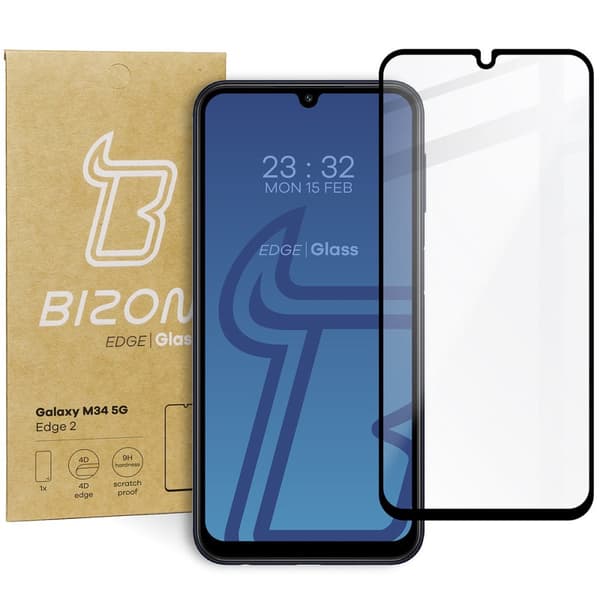 Bizon Glass Edge 2 karkaistu lasi Galaxy M34 5G:lle, musta