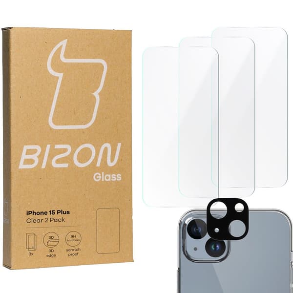 3x Lasi + Kameralasi BIZON Clear 2 Pakkaus iPhone 15 Plussalle