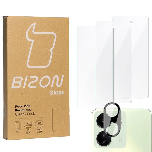 3x Lasi + Kameralasi BIZON Clear 2 Pakkaus Redmi 13C/Poco C65:lle