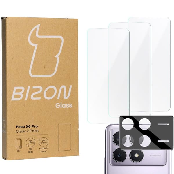 3x Glas + Kameraglas BIZON Clear 2-pack för Xiaomi Poco X6 Pro