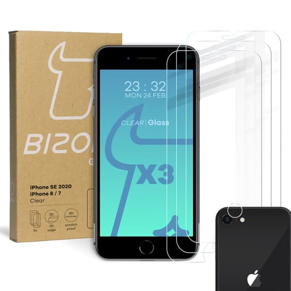 Bizon Glass Härdat Glas - 3 st + lins, iPhone SE 2022/2020, 8/7