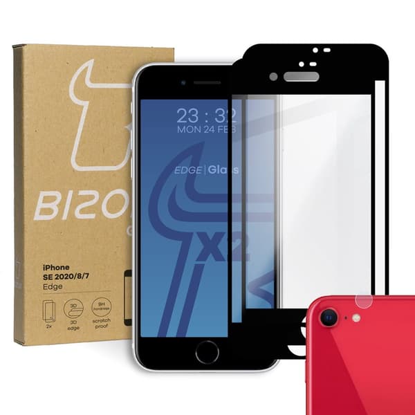 Bizon Glass Edge Hærdet Glas - 2 stk. + linsebeskyttelse, iPhone SE 2022/2020, 8/7, sort