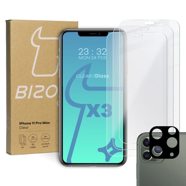 Bizon Glass Kirkas karkaistu panssarilasi - 3 kpl + linssi, iPhone 11 Pro Max