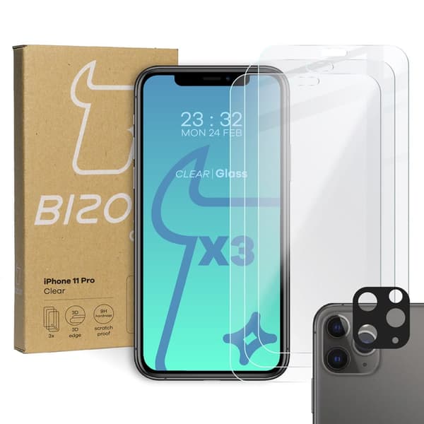 Bizon Glass Kirkas karkaistu lasi - 3 kpl + linssi, iPhone 11 Pro