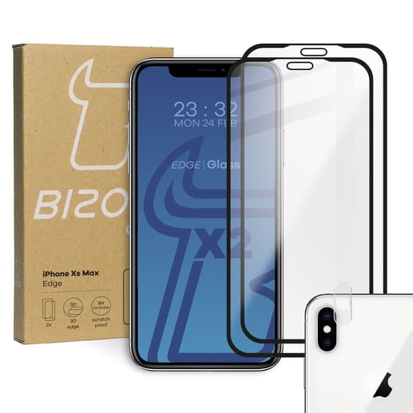 Bizon Glass Edge CF hærdet glas - 2 stk. + linsebeskyttelse, iPhone Xs Max, sort