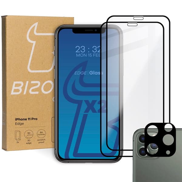 Bizon Glass Edge karkaistusta lasista valmistettu suojalasi - 2 kpl + linssisuoja, iPhone 11 Pro, musta