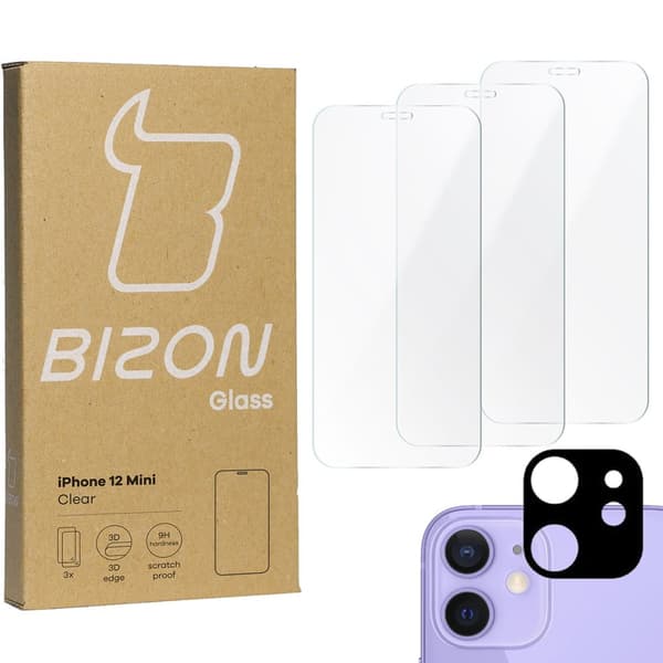 Bizon Glass Kirkas karkaistu lasi - 3 kpl + linssi, iPhone 12 Mini