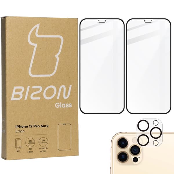 Bizon Glass Edge CF hærdet glas - 2 stk. + linsebeskyttelse, iPhone 12 Pro Max, sort