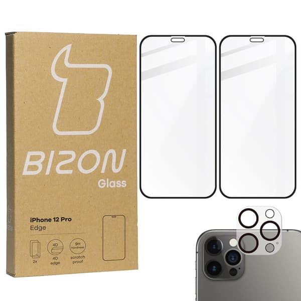 Bizon Glass Edge CF karkaistu lasi - 2 kpl + linssisuoja, iPhone 12 Pro, musta